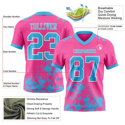 Custom Pink Sky Blue-White Splash Mesh Authentic Football Jersey