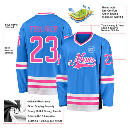 Custom Powder Blue Pink-White Hockey Jersey