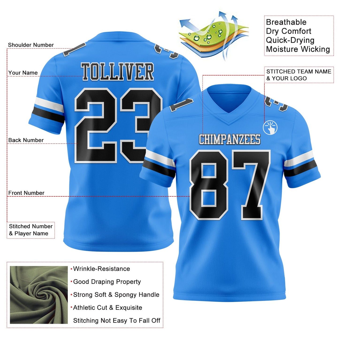 Custom Powder Blue Black-White Mesh Authentic Football Jersey