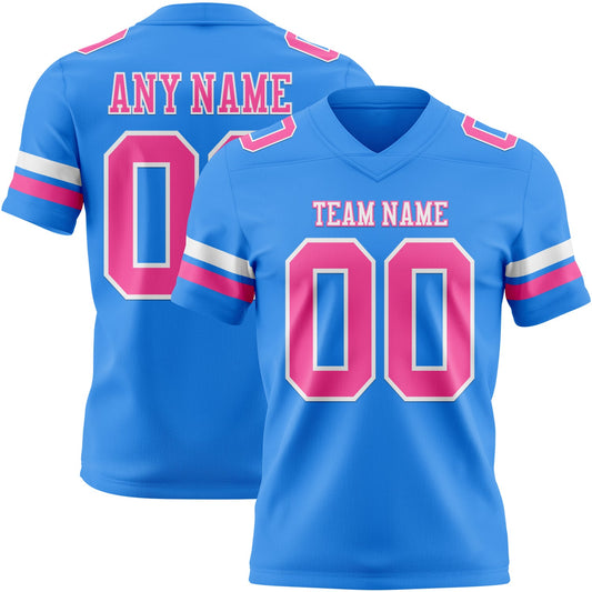 Custom Powder Blue Pink-White Mesh Authentic Football Jersey