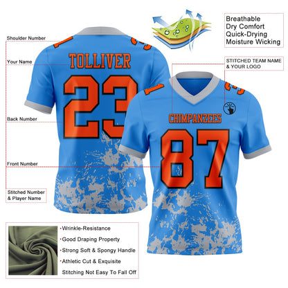 Custom Powder Blue Orange Gray-Black Splash Mesh Authentic Football Jersey