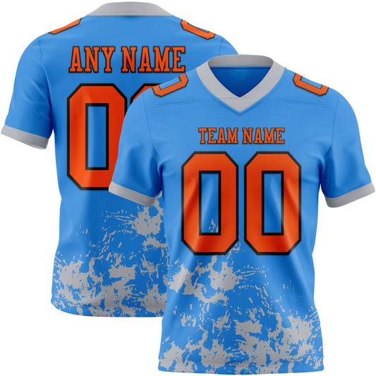 Custom Powder Blue Orange Gray-Black Splash Mesh Authentic Football Jersey