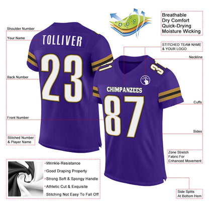 Custom Purple White-Old Gold Mesh Authentic Football Jersey