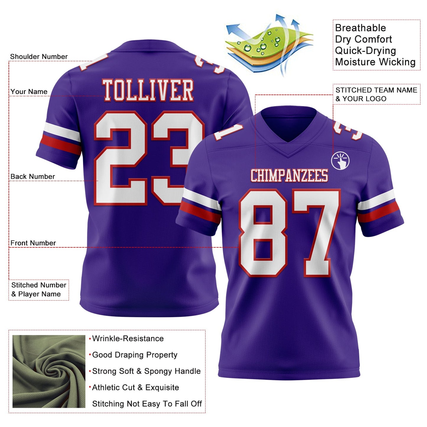Custom Purple White-Red Mesh Authentic Football Jersey