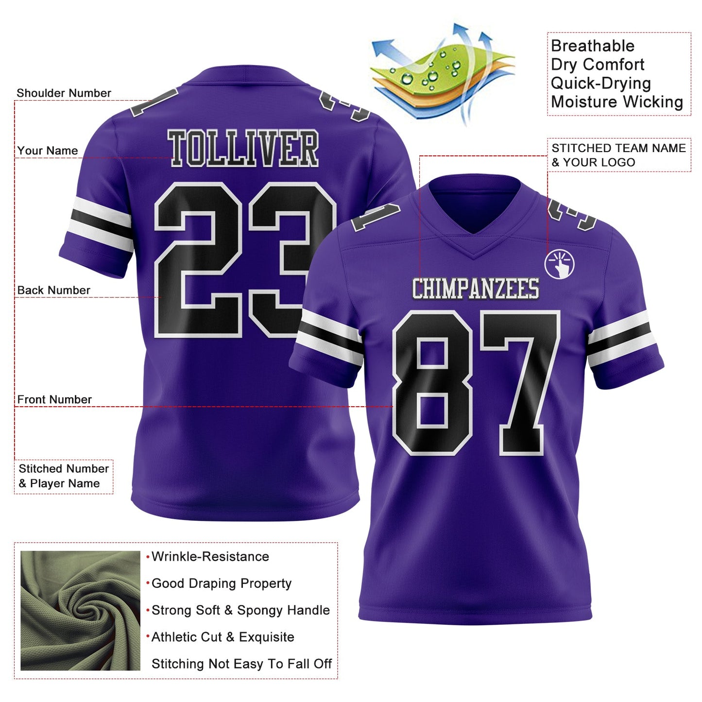 Custom Purple Black-White Mesh Authentic Football Jersey