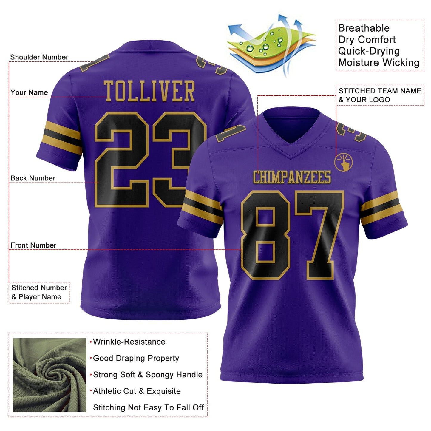Custom Purple Black-Old Gold Mesh Authentic Football Jersey