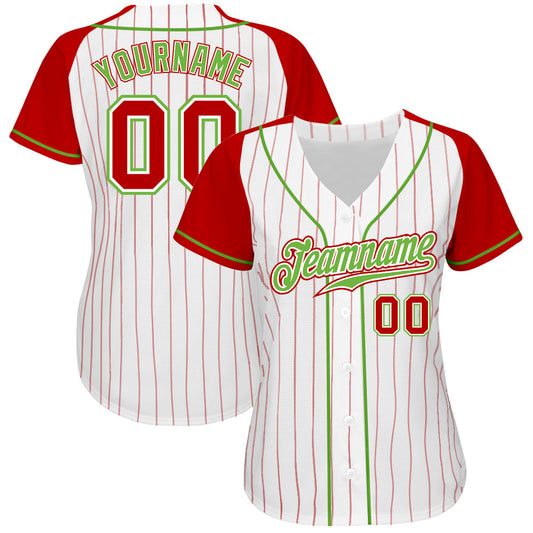 Custom White Red Pinstripe Red-Neon Green Authentic Raglan Sleeves Baseball Jersey