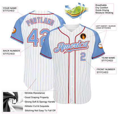 Custom White Light Blue Pinstripe Light Blue-Red Authentic Raglan Sleeves Baseball Jersey