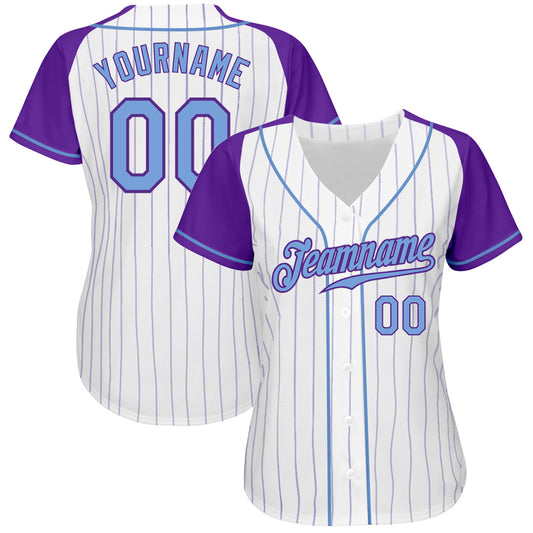 Custom White Pinstripe Pinstrip Light Blue-Purple Authentic Raglan Sleeves Baseball Jersey