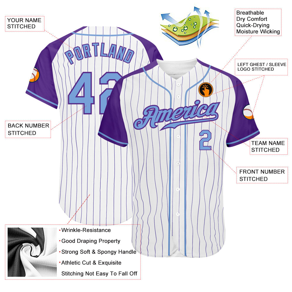 Custom White Pinstripe Pinstrip Light Blue-Purple Authentic Raglan Sleeves Baseball Jersey