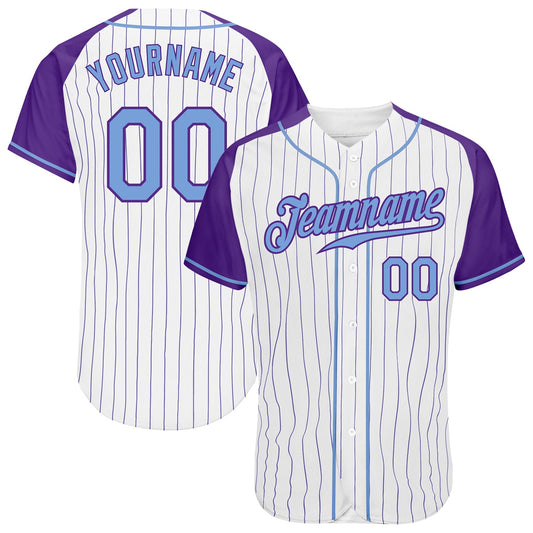 Custom White Pinstripe Pinstrip Light Blue-Purple Authentic Raglan Sleeves Baseball Jersey