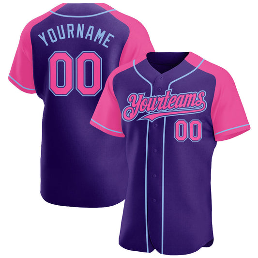 Custom Purple Pink-Light Blue Authentic Raglan Sleeves Baseball Jersey