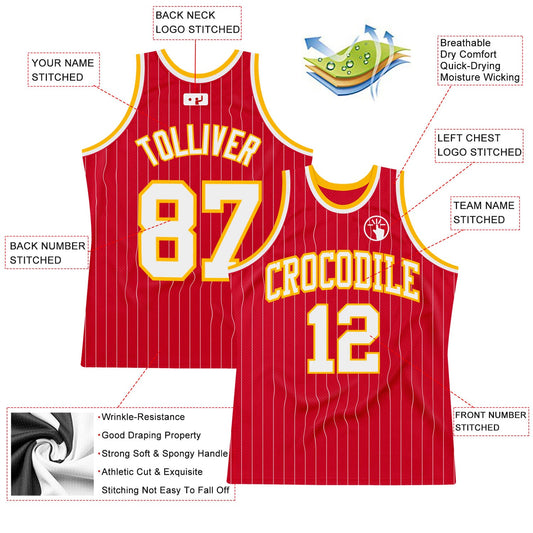 Custom Red White Pinstripe White-Gold Authentic Basketball Jersey
