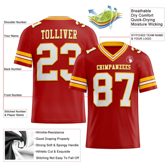 Custom Red White-Gold Mesh Authentic Football Jersey