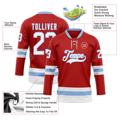 Custom Red White-Light Blue Hockey Lace Neck Jersey