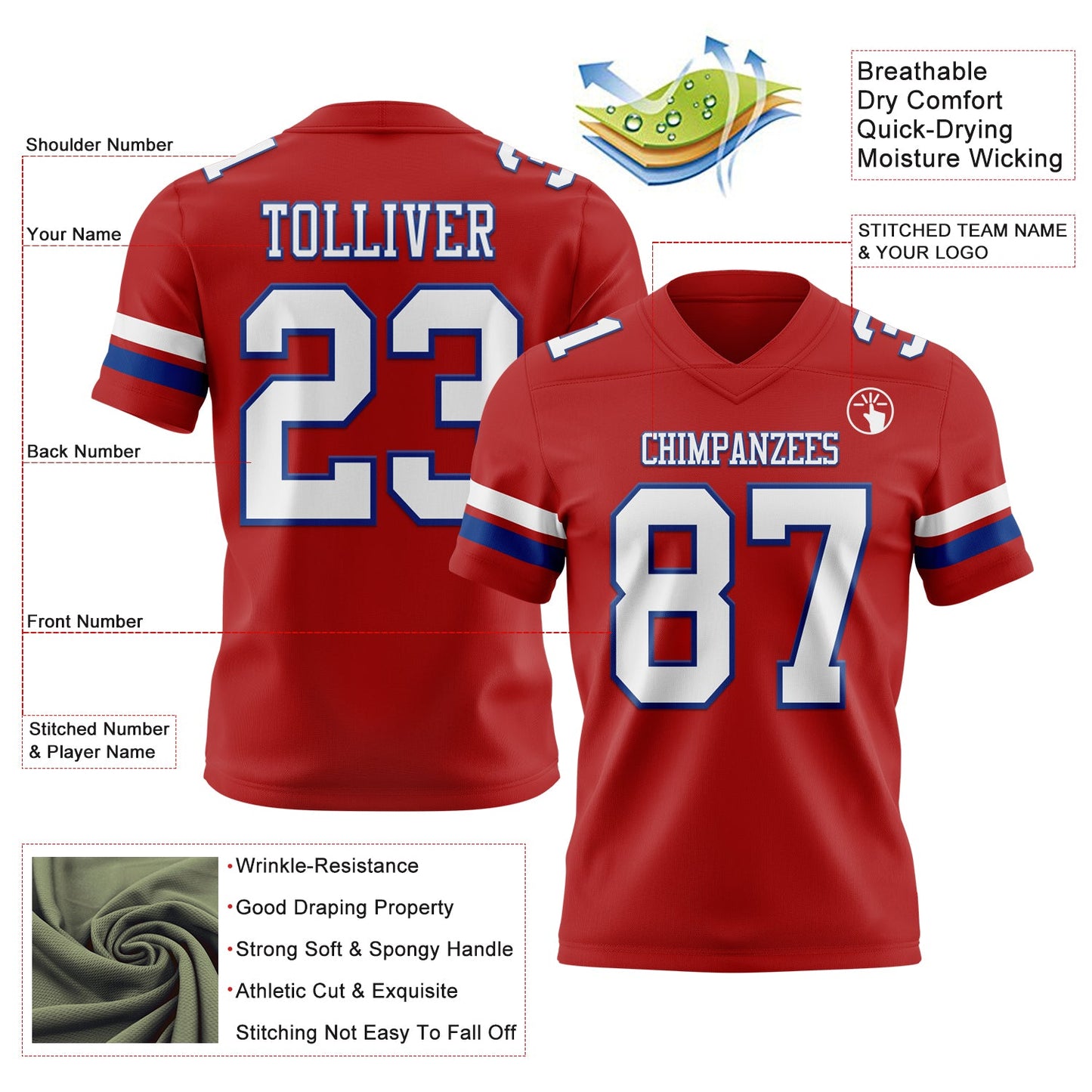 Custom Red White-Royal Mesh Authentic Football Jersey