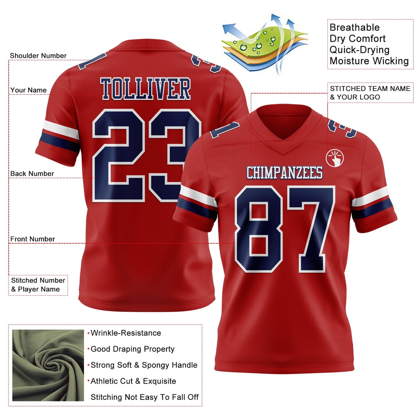 Custom Red Navy-White Mesh Authentic Football Jersey