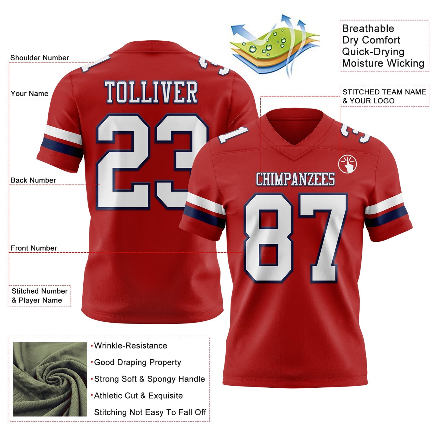 Custom Red White-Navy Mesh Authentic Football Jersey
