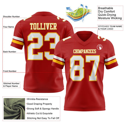Custom Red White-Gold Mesh Authentic Football Jersey