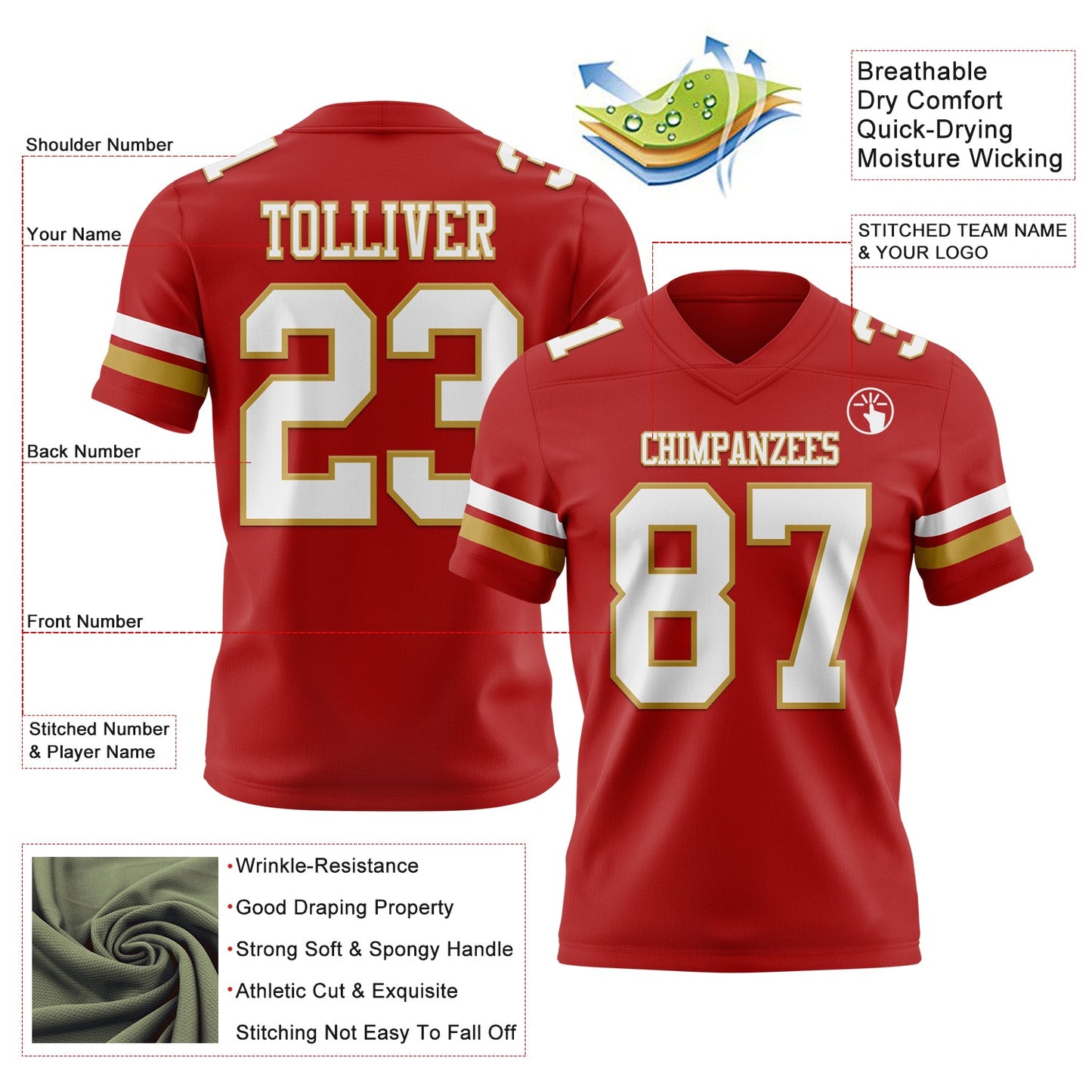 Custom Red White-Old Gold Mesh Authentic Football Jersey