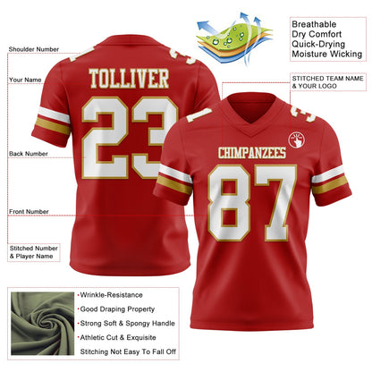 Custom Red White-Old Gold Mesh Authentic Football Jersey