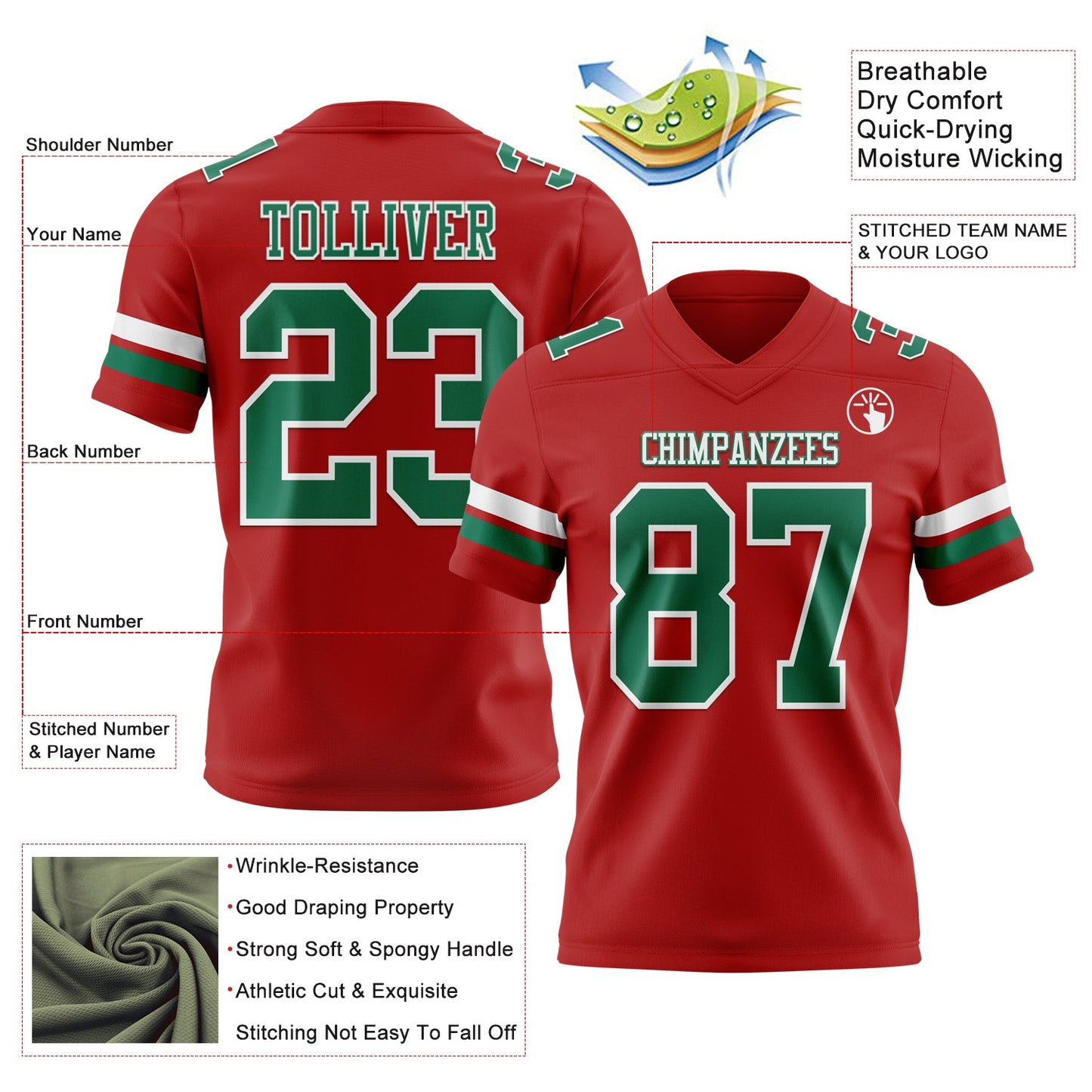 Custom Red Kelly Green-White Mesh Authentic Football Jersey