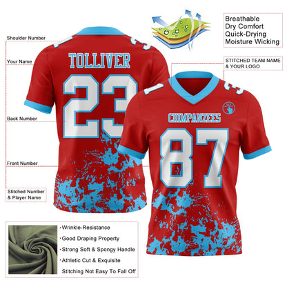 Custom Red White-Sky Blue Splash Mesh Authentic Football Jersey