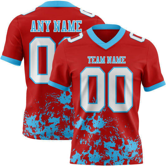 Custom Red White-Sky Blue Splash Mesh Authentic Football Jersey