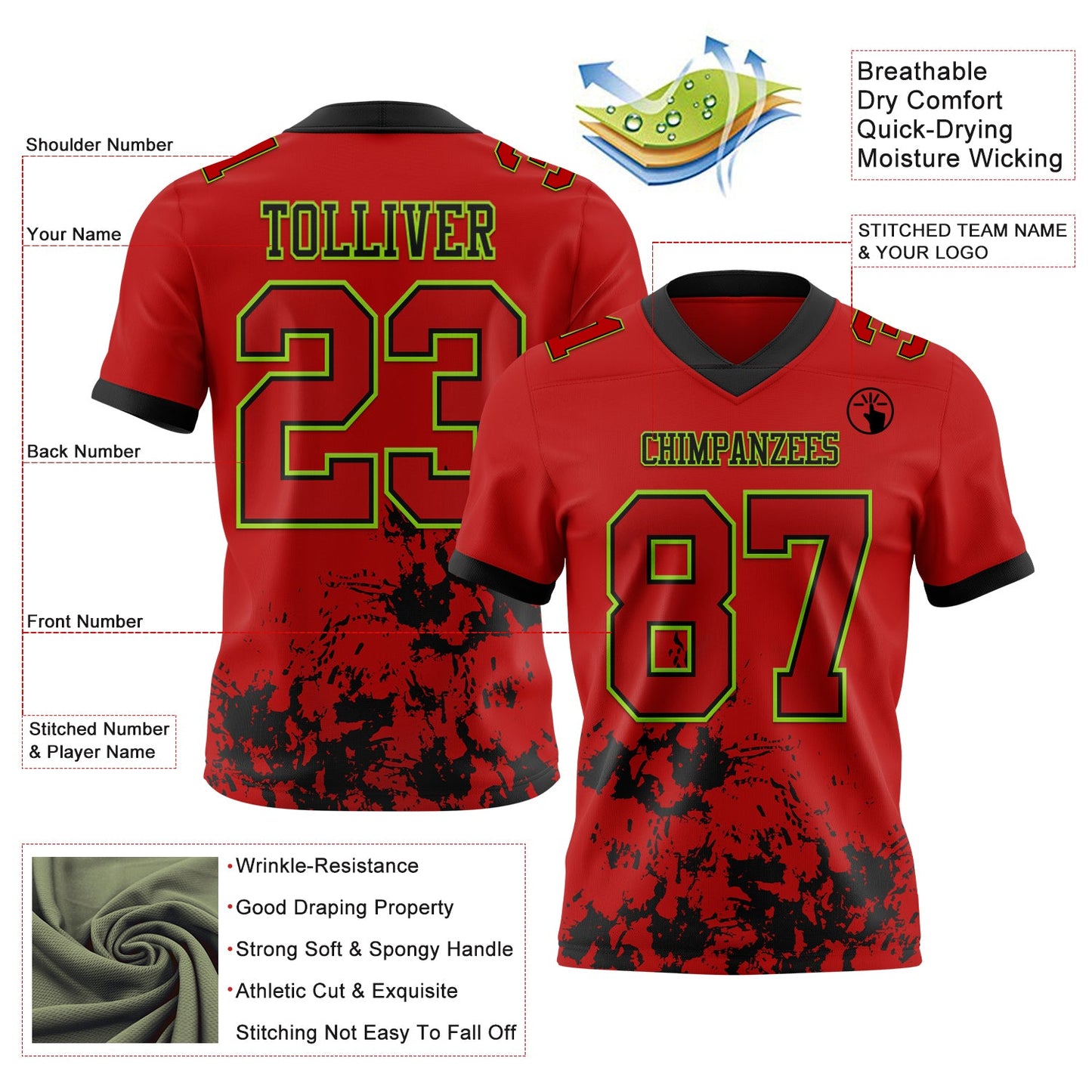 Custom Red Black-Neon Green Splash Mesh Authentic Football Jersey