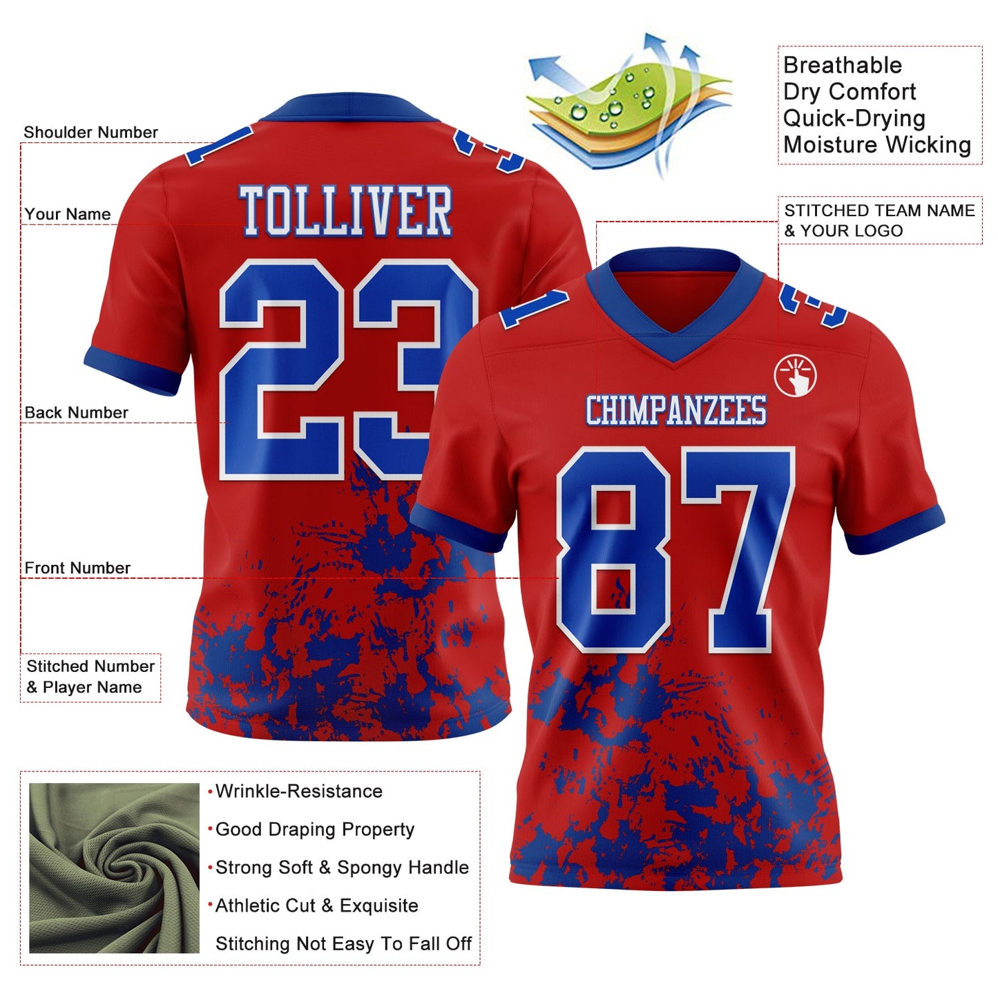 Custom Red Royal-White Splash Mesh Authentic Football Jersey