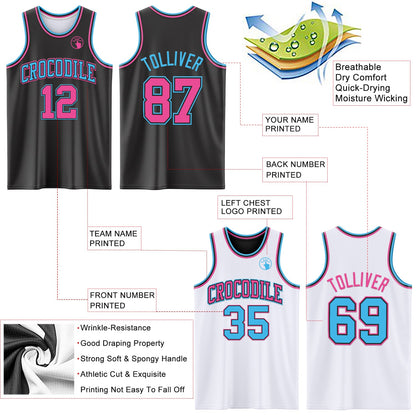 Custom Reversible Black Pink-Sky Blue Double Side Sublimation Basketball Suit Jersey