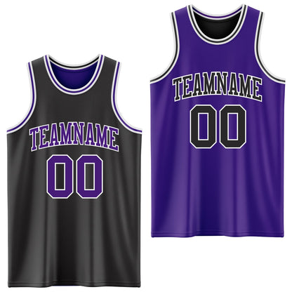 Custom Reversible Black Purple-White Double Side Sublimation Basketball Suit Jersey