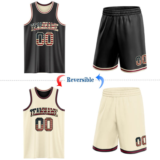 Custom Reversible Black Vintage USA Flag Cream-Maroon Double Side Sublimation Basketball Suit Jersey