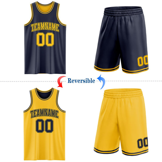 Custom Navy Gold Reversible Double Side Sublimation Basketball Suit Jersey