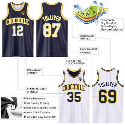 Custom Navy White-Gold Reversible Double Side Sublimation Basketball Suit Jersey
