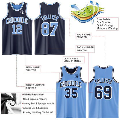 Custom Navy Light Blue-White Reversible Double Side Sublimation Basketball Suit Jersey