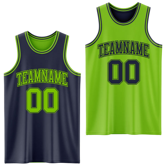 Custom Navy Neon Green Reversible Double Side Sublimation Basketball Suit Jersey