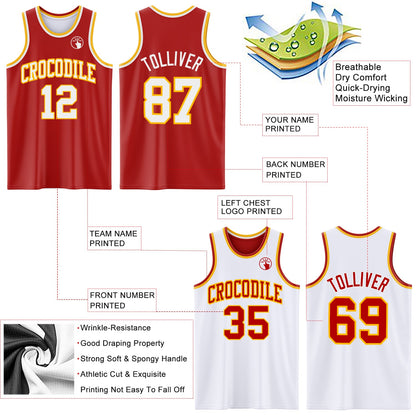 Custom Red White-Gold Reversible Double Side Sublimation Basketball Suit Jersey