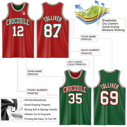 Custom Red White-Kelly Green Reversible Double Side Sublimation Basketball Suit Jersey