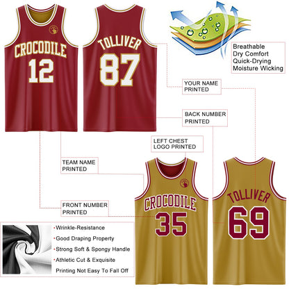 Custom Reversible Maroon White-Old Gold Double Side Sublimation Basketball Suit Jersey
