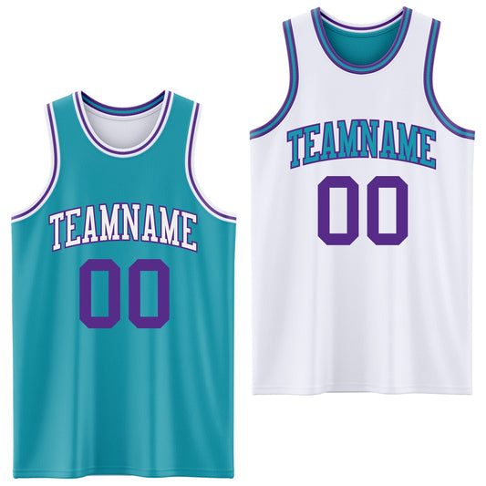 Custom Reversible Teal Purple-White Double Side Sublimation Basketball Suit Jersey