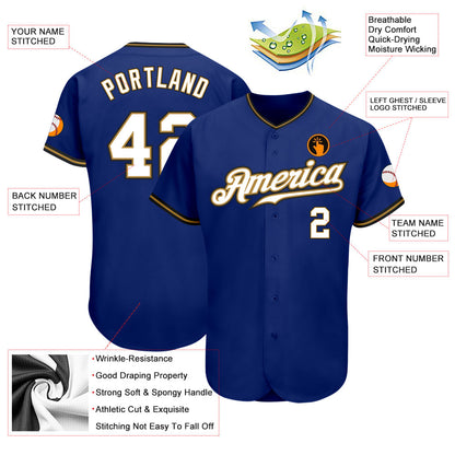 Custom Royal White Old Gold-Black Authentic Baseball Jersey