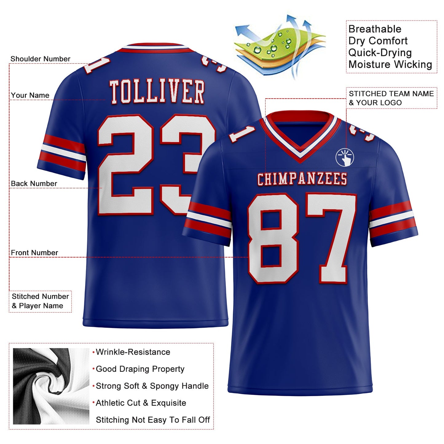 Custom Royal White-Red Mesh Authentic Football Jersey