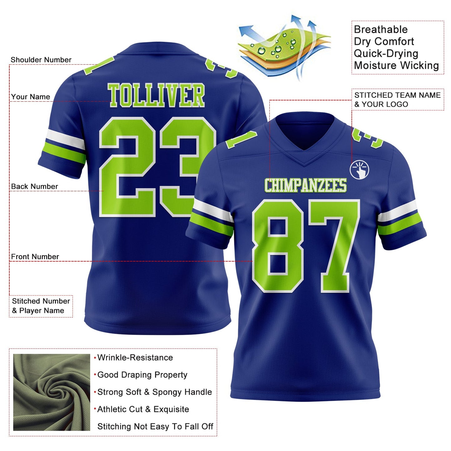 Custom Royal Neon Green-White Mesh Authentic Football Jersey