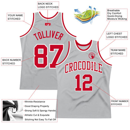 Custom Gray Red-White Authentic Throwback Basketball Jersey