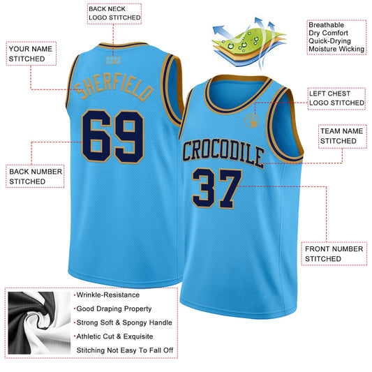 Custom Sky Blue Navy-Old Gold Authentic Basketball Jersey