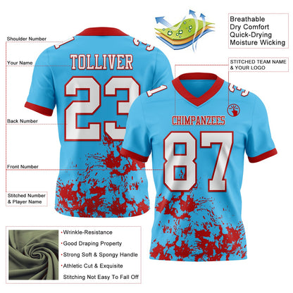 Custom Sky Blue White-Red Splash Mesh Authentic Football Jersey