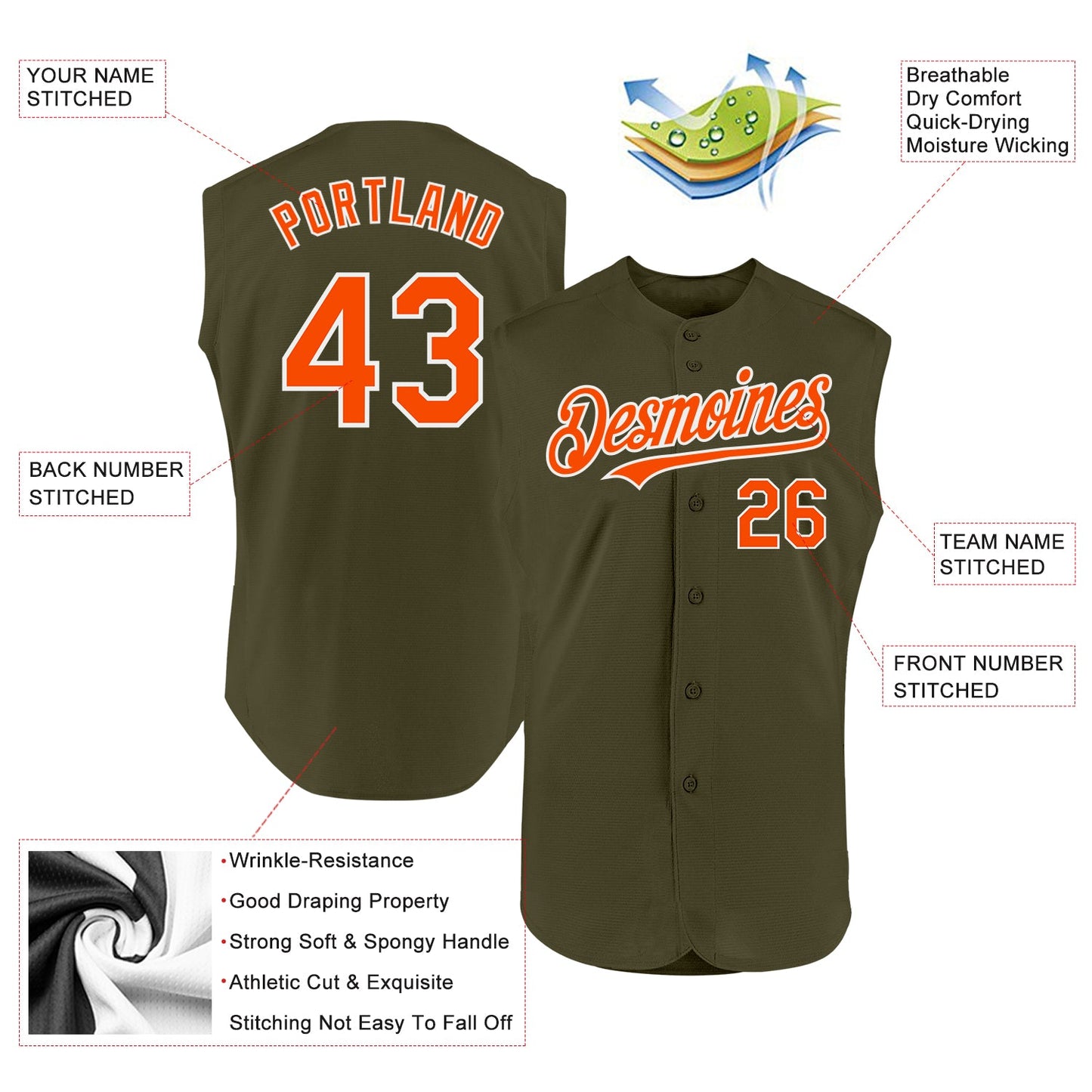 Custom Olive Orange-White Authentic Sleeveless Salute To Service Baseball Jersey