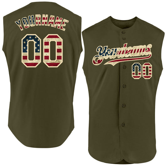 Custom Olive Vintage USA Flag-Cream Authentic Sleeveless Salute To Service Baseball Jersey