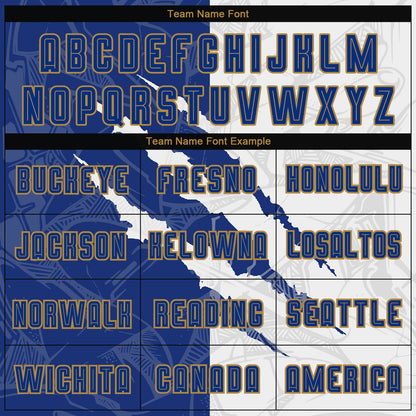 Custom Graffiti Pattern Royal White-Old Gold Scratch Sublimation Soccer Uniform Jersey
